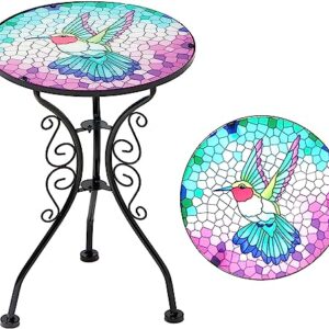 Outdoor Patio Side Table, 21" Round End Table with 14" Hummingbird Pattern Glass Top, Small Accent Table Bistro Coffee for Living Room Porch Balcony Garden Yard