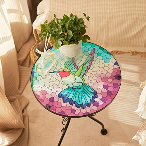 Outdoor Patio Side Table, 21" Round End Table with 14" Hummingbird Pattern Glass Top, Small Accent Table Bistro Coffee for Living Room Porch Balcony Garden Yard