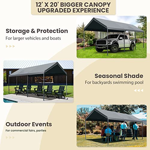 Gardesol Carport, 12’ X 20’ Heavy Duty Car Canopy with Powder-Coated Steel Frame, Easy to Assemble Portable Garage for Car, Boat, Party Tent with 180g PE Tarp for Wedding, Garden, 8 Legs, Gray