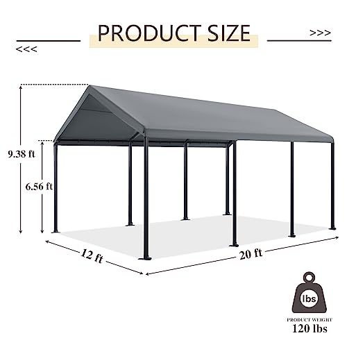 Gardesol Carport, 12’ X 20’ Heavy Duty Car Canopy with Powder-Coated Steel Frame, Easy to Assemble Portable Garage for Car, Boat, Party Tent with 180g PE Tarp for Wedding, Garden, 8 Legs, Gray