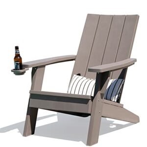 fruiteam adirondack chair leisure line, wide outdoor fire pit chairs with cup holder, weather-resistant patio chair, ergonomic lounge chair for yard,deck,garden,lawn, max weight 350lbs, taupe