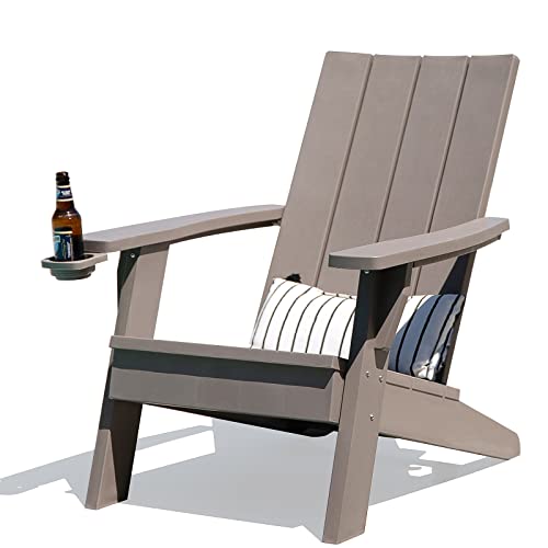 FRUITEAM Adirondack Chair Leisure Line, Wide Outdoor Fire Pit Chairs with Cup Holder, Weather-Resistant Patio Chair, Ergonomic Lounge Chair for Yard,Deck,Garden,Lawn, Max Weight 350lbs, Taupe