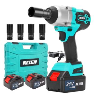 ncoen 600n.m 1/2 impact driver 2 x 4.0 batteries cordlss impact wrench max torque 450ft/lbs, with 4 sockets and portable carrying case for home garden blue impact gun
