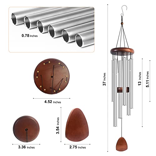 Litu Wind Chimes for Outside with Wood Wind Catcher, 37 Inches Large Aluminum Windchimes Outdoors for Patio Decoration & Zen Atmosphere, Great as a Gift for Family & Relative(Silver)