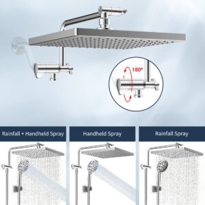 Hibbent Metal Thickness Shower Head, 10'' High Pressure Rainfall Shower Head/Handheld Showerhead Combo with 12'' Adjustable Shower Extension Arm, 7-Spray, 71'' Hose, Showerhead Holder, Chrome