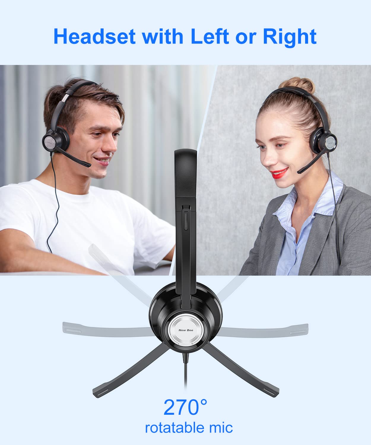 New bee USB Headset with Microphone for PC Computer Headset, Single Ear Headset Noise Cancelling Mic, Call Center Wired Headset with 3.5mm/USB/Type C for Skype Zoom Tablet Laptop (Black)