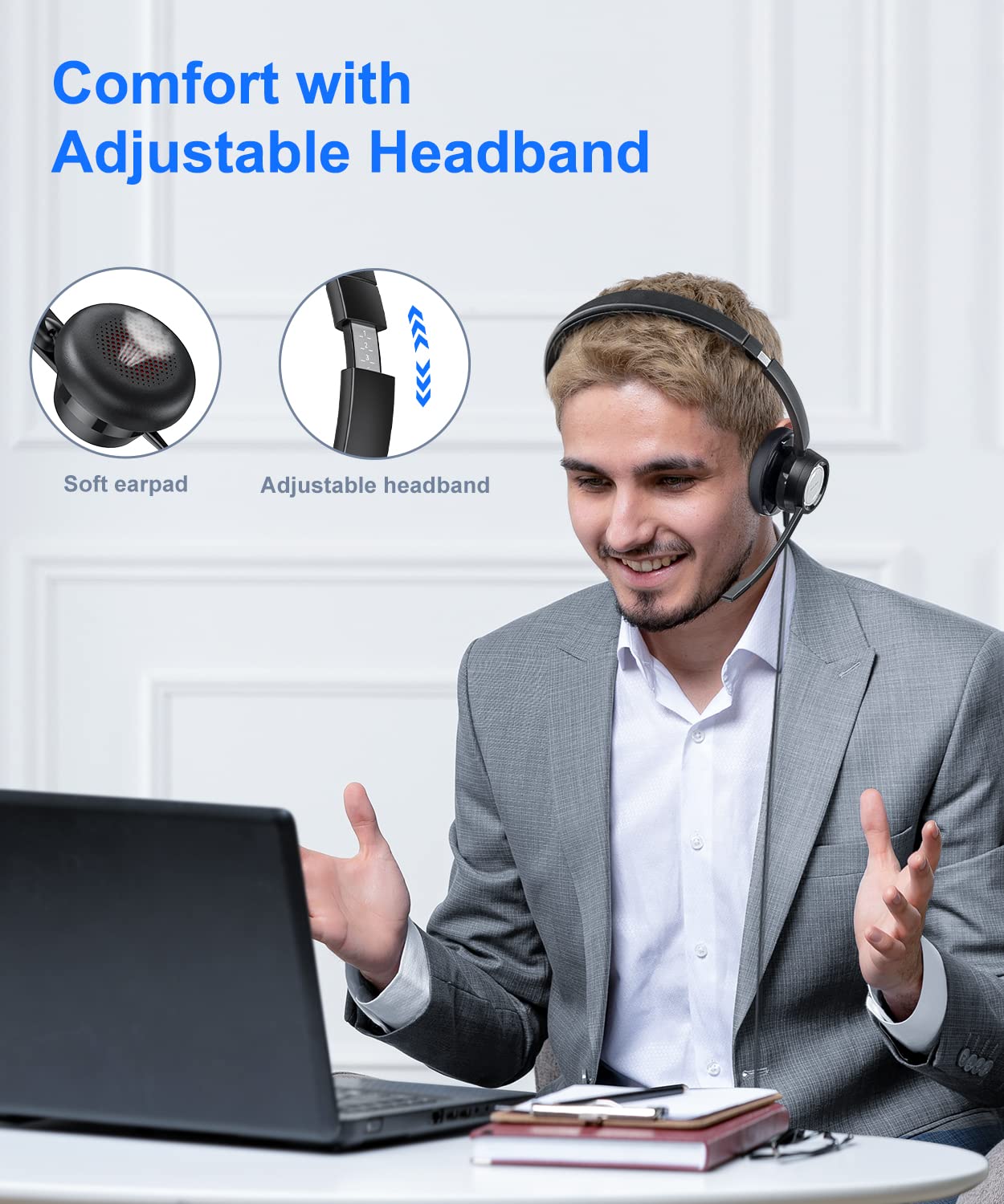 New bee USB Headset with Microphone for PC Computer Headset, Single Ear Headset Noise Cancelling Mic, Call Center Wired Headset with 3.5mm/USB/Type C for Skype Zoom Tablet Laptop (Black)