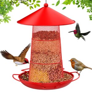 gaprass bird feeder, 3 tier retractable metal bird feeders for outside hanging, 6.6 lbs large capacity with 3 perches, squirrel-proof bird feeder for 360°feeding area for wild birds (red)