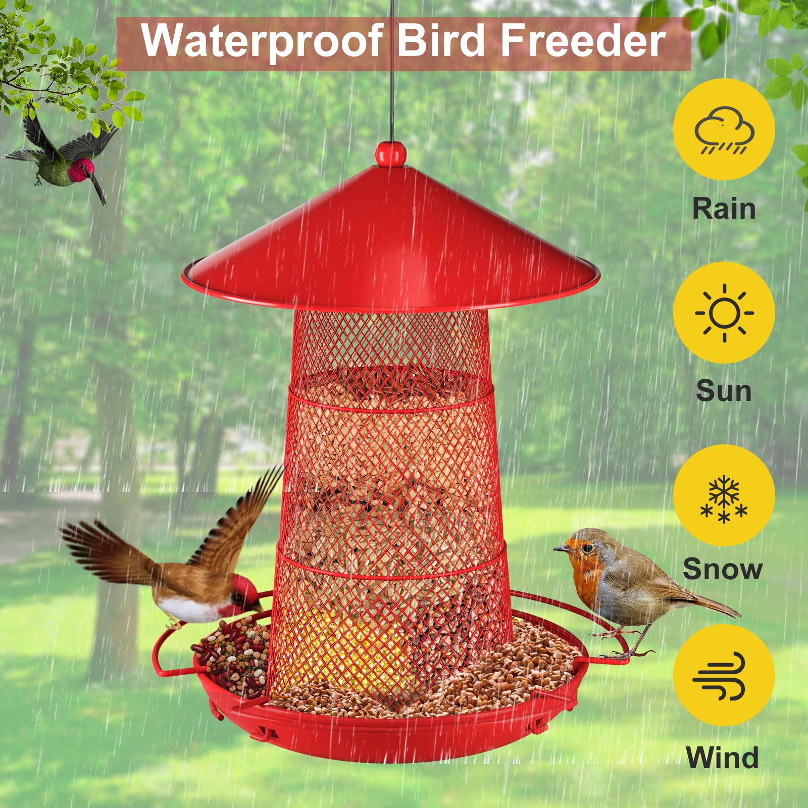 Gaprass Bird Feeder, 3 Tier Retractable Metal Bird Feeders for Outside Hanging, 6.6 Lbs Large Capacity with 3 Perches, Squirrel-Proof Bird Feeder for 360°Feeding Area for Wild Birds (Red)