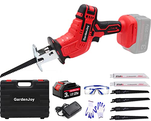 GardenJoy Cordless Power Reciprocating Saw: 21V Electric Compact Saw with 3.0Ah Battery and Charger, 6 Saw Blades, Variable Speed, Battery Powered Saw with Tool Box for Woods/Metal/Plastic Cutting