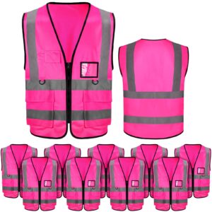 EBOOT 10 Pcs Safety Vests High Visibility Safety Vest with Reflective Strips, Neon Vest Construction Vest with Pockets (Pink)