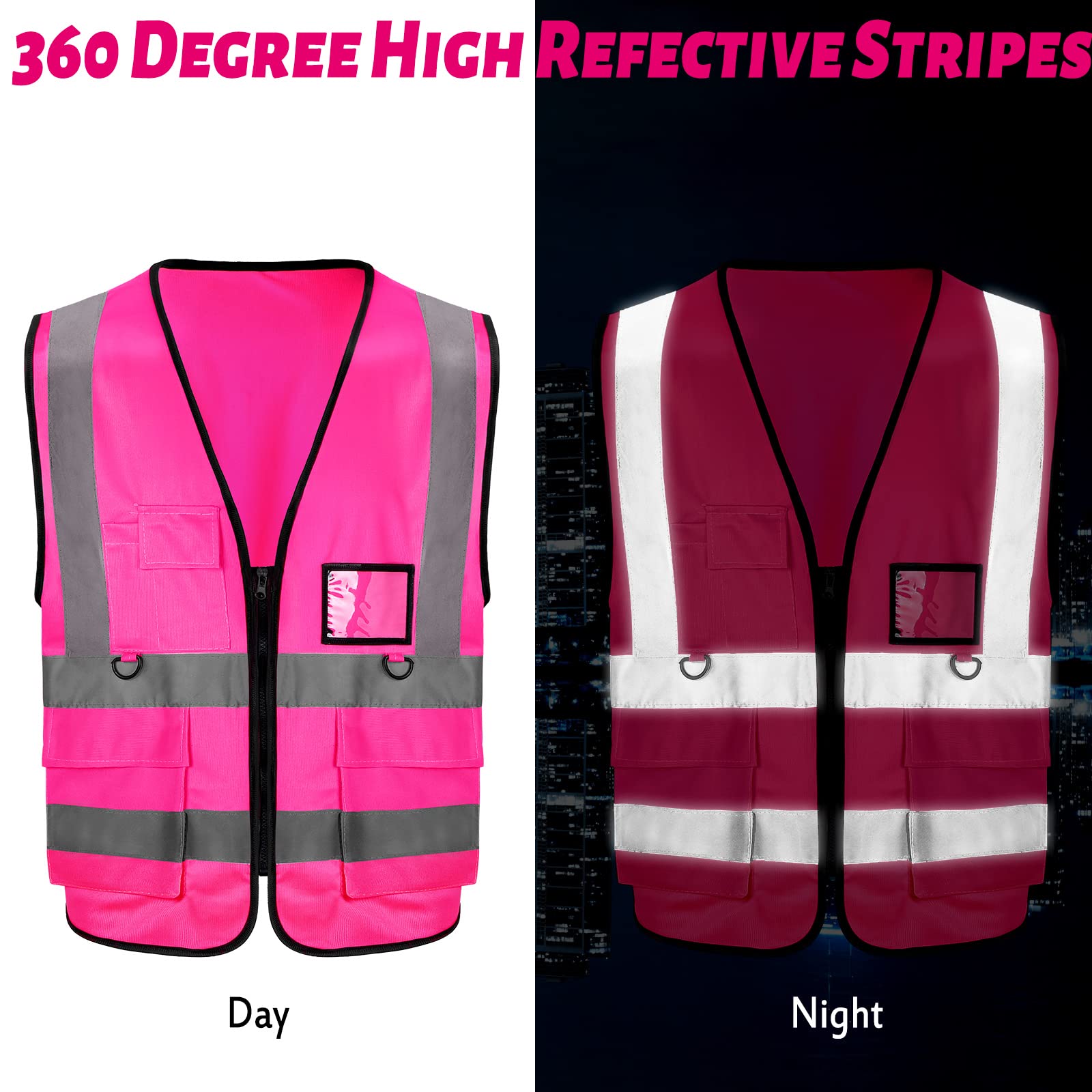 EBOOT 10 Pcs Safety Vests High Visibility Safety Vest with Reflective Strips, Neon Vest Construction Vest with Pockets (Pink)