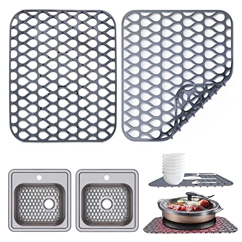 2-Pack Kitchen Sink Mat, Silicone Sink Mats for Stainless Steel Sink, Sink Protectors for Kitchen Sink, Silicone Drying Mat Dish Dryer Mats, Can be Cut for Center Drain or Rear Drain (13.58"x11.6")