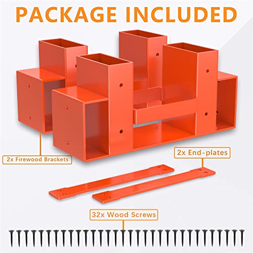 Mr IRONSTONE Firewood Log Storage Rack Bracket Kit, Adjustable Wood Rack Length Based on the Amount of Wood, for Outdoor Indoor Patio Deck Metal Log Holder Outdoor Tools with 34 Accessories Orange