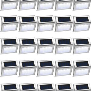 Treela 24 Packs Outdoor Fence Lights Solar Powered Deck Lights Waterproof Backyard Lighting Stainless Steel Lamp Stairs Fence Light Security Wall Lamps for Step Walkway Patio Garden Pathway (White)