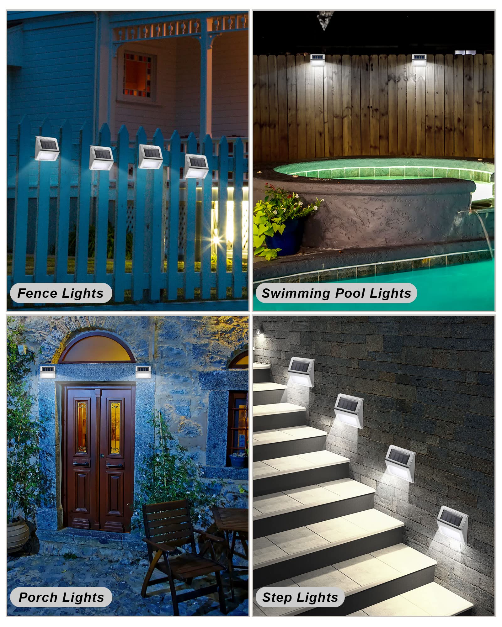 Treela 24 Packs Outdoor Fence Lights Solar Powered Deck Lights Waterproof Backyard Lighting Stainless Steel Lamp Stairs Fence Light Security Wall Lamps for Step Walkway Patio Garden Pathway (White)