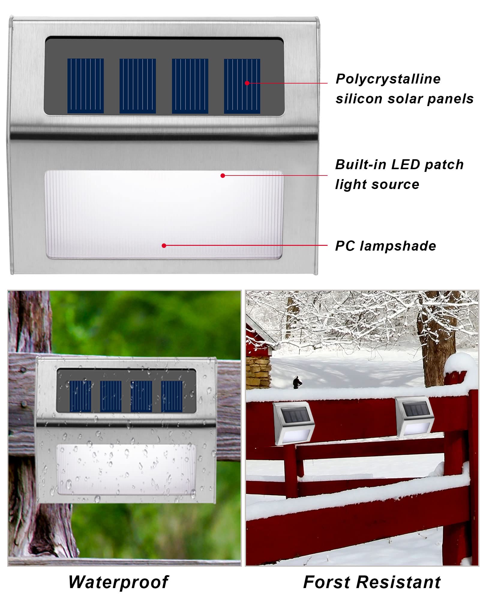 Treela 24 Packs Outdoor Fence Lights Solar Powered Deck Lights Waterproof Backyard Lighting Stainless Steel Lamp Stairs Fence Light Security Wall Lamps for Step Walkway Patio Garden Pathway (White)