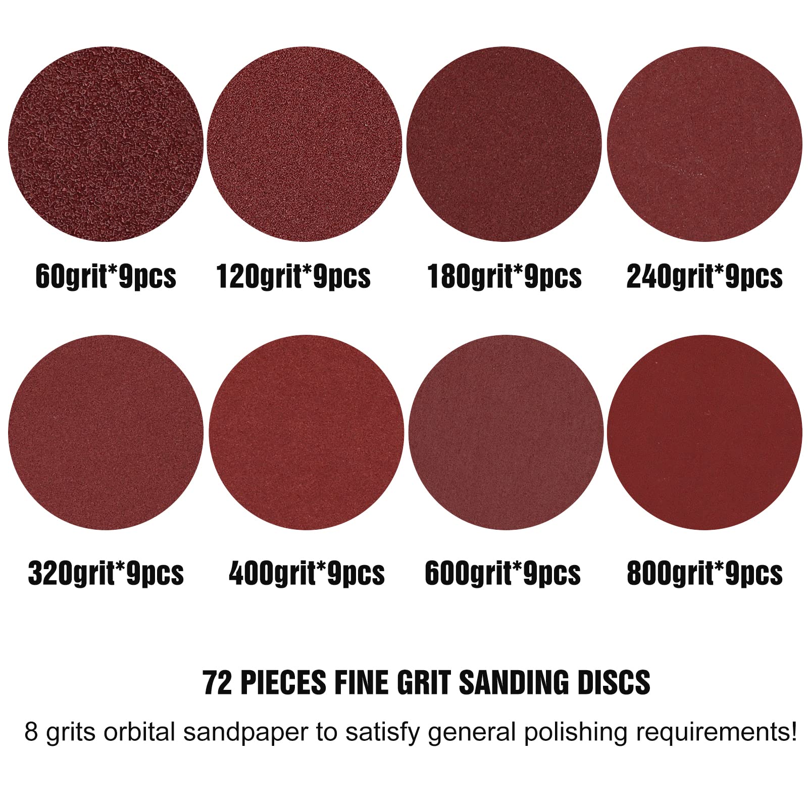 Hongway 72pcs Sanding Discs Set 5 Inch Orbital Sander Sandpaper, Hook and Loop Orbit Sander Pads, 60 120 180 240 320 400 600 800 Grit 8 Hole for Power Random Sander