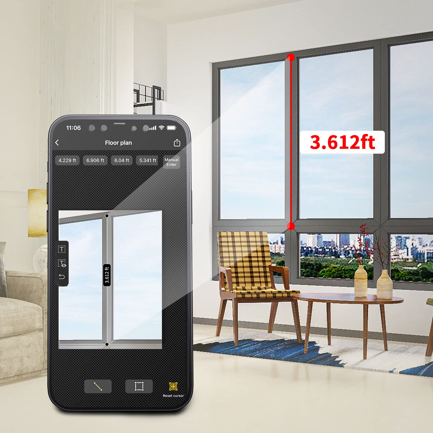 Laser Measurement Tool with Phone App, Real Time Data Sharing+Floor Plan Mapping Laser Tape Measure, 229 Ft Laser Measure, ±1/16 inch Accuracy, Ft/in/Ft+in/M Unit Switch and 6 Modes of the Measurement