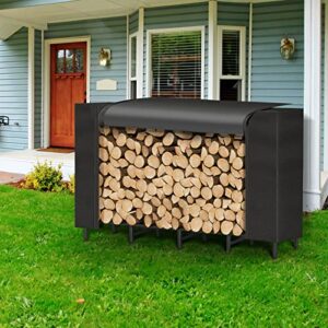 5.3Ft Outdoor Firewood Rack with Cover Wood Log Racks Holders for Fireplace Adjustable Metal Wood Storage Rack Stand Stackers for Fire Wood, Patio, Porches, Waterproof Oxford Fabric Cover, Black