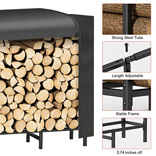 5.3Ft Outdoor Firewood Rack with Cover Wood Log Racks Holders for Fireplace Adjustable Metal Wood Storage Rack Stand Stackers for Fire Wood, Patio, Porches, Waterproof Oxford Fabric Cover, Black