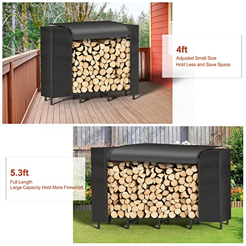 5.3Ft Outdoor Firewood Rack with Cover Wood Log Racks Holders for Fireplace Adjustable Metal Wood Storage Rack Stand Stackers for Fire Wood, Patio, Porches, Waterproof Oxford Fabric Cover, Black