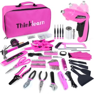 pink tool set, 205 piece home tool kit with 3.6v electric screwdriver and universal sockets tools, pink tool kit with storage tool bag, tool sets for women, for gift, home repair, dorm