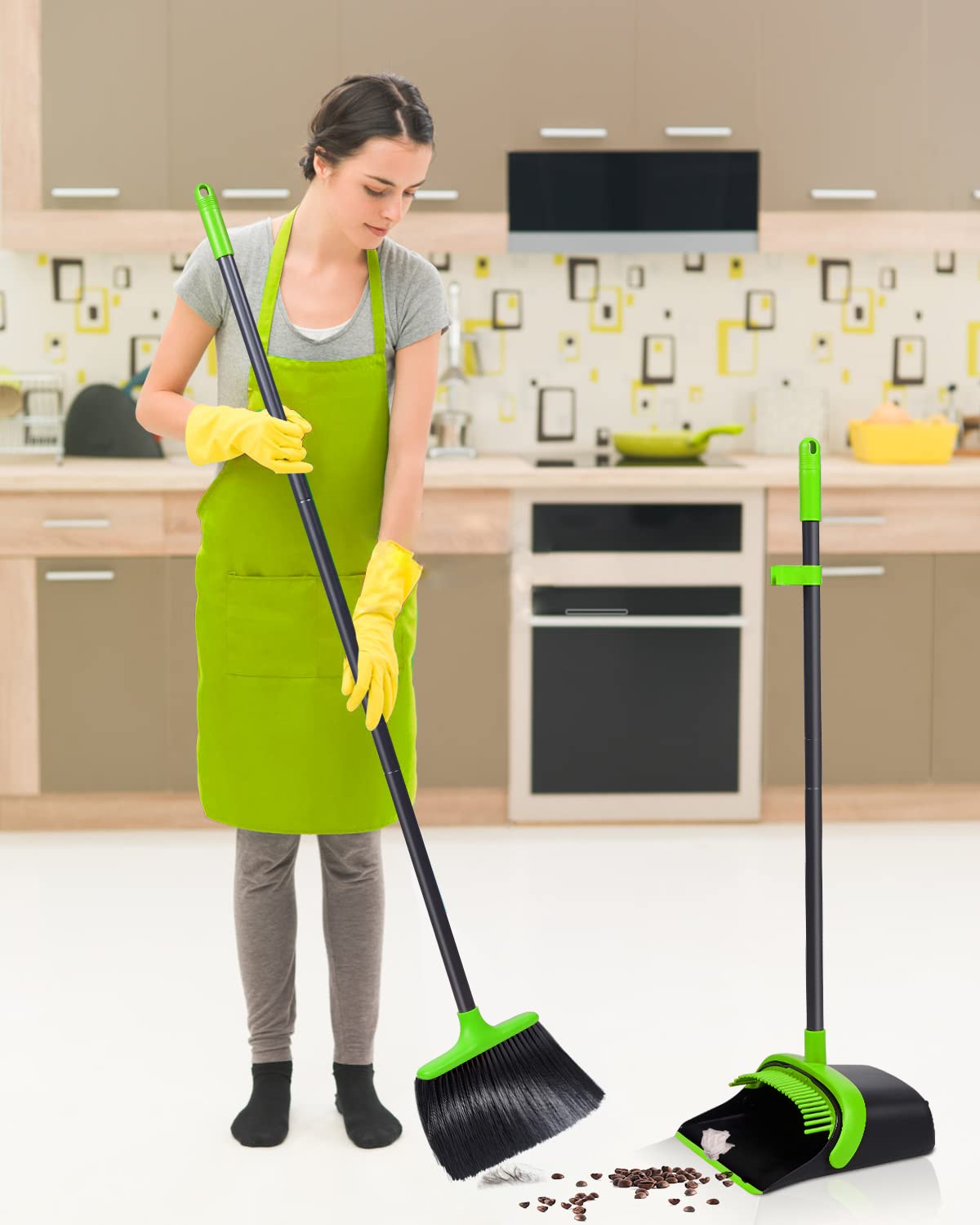 Broom and Dustpan Set, Broom and Dustpan, Broom and Dustpan Set for Home, Upgrade 52" Long Handle Broom with Stand Up Dustpan Combo Set for Office Home Kitchen Lobby Floor Use, Dust pan and Broom Set