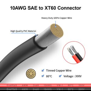 ELFCULB 10AWG XT60 to SAE Connector Extension Cable with SAE Polarity Reverse Adapter for Portable Power Station Solar Panel Solar Generator(2FT)