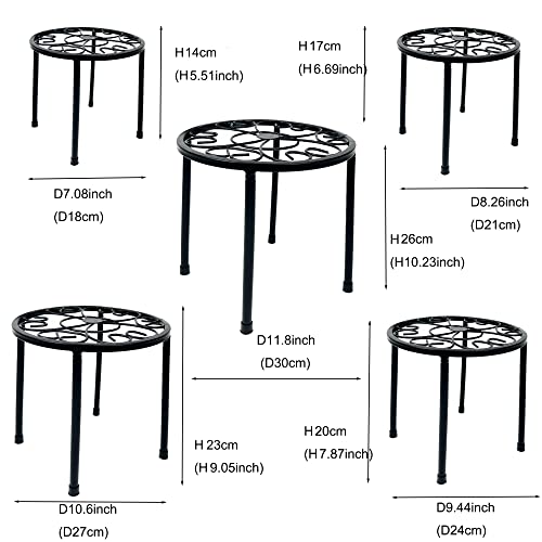 HAINARverS Metal Plant Stands 5-Pack, Heavy Duty Rustproof Iron Corner Flower Pot Stand Holder,Round Supports Display Rack Tiered Plant Stand Shelf For Indoor And Outdoor Multiple (Black)