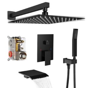rain shower system 12 inch shower faucet set with tub spout,bathroom wall mounted waterfall shower head faucet sets complete with handheld spray,rough-in valve body and trim kit,matte black