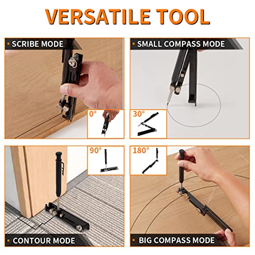 Newisdomake Multi-Function Scribing Tool, Construction Aluminum Alloy Scribe Tool with Deep Hole Pencil for DIY Woodworking, Compass Contour Gauge, Floor Corner Line Maker