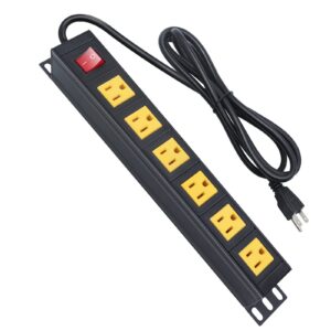 6 outlet metal power strip, heavy duty wide spaced power strip, wall mount power strip for home office garage workbench, 6ft extension cord, yellow