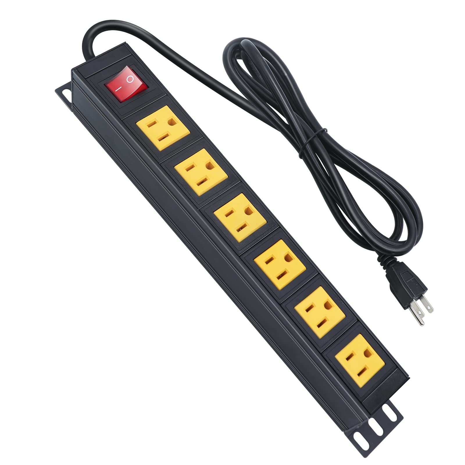 6 Outlet Metal Power Strip, Heavy Duty Wide Spaced Power Strip, Wall Mount Power Strip for Home Office Garage Workbench, 6FT Extension Cord, Yellow