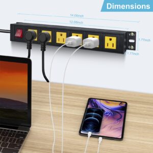 6 Outlet Metal Power Strip, Heavy Duty Wide Spaced Power Strip, Wall Mount Power Strip for Home Office Garage Workbench, 6FT Extension Cord, Yellow