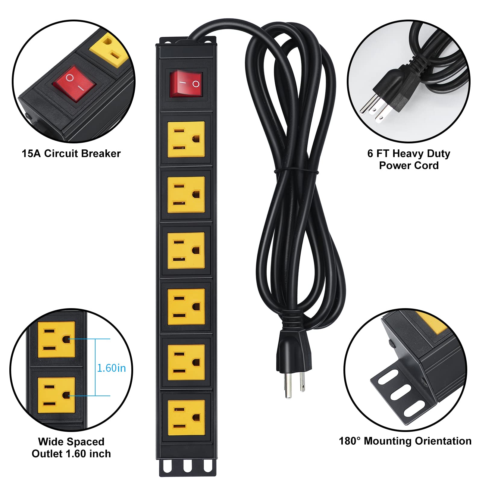 6 Outlet Metal Power Strip, Heavy Duty Wide Spaced Power Strip, Wall Mount Power Strip for Home Office Garage Workbench, 6FT Extension Cord, Yellow