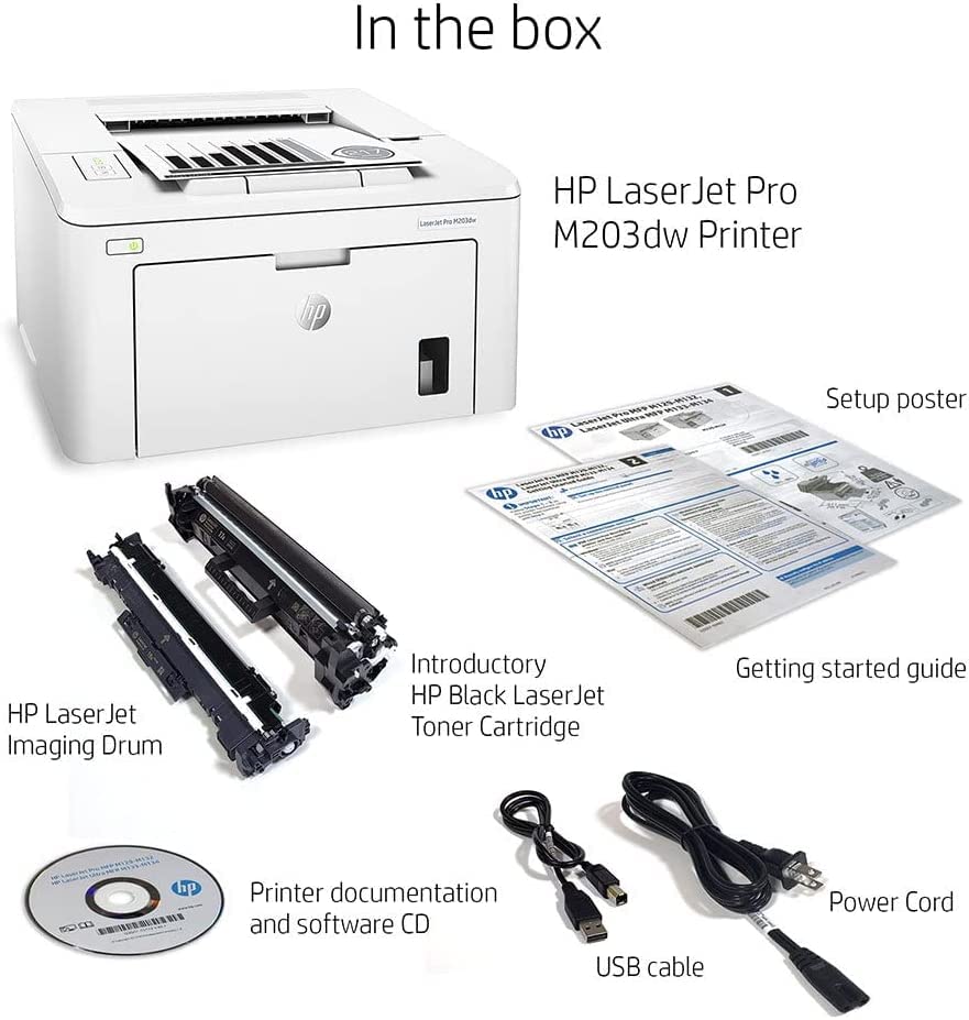 HP Laserjet Pro M203dw Single-Function Wireless Monochrome Laser Printer for Home Office, White - Print Only - 30 ppm, 1200 x 1200 dpi, 8.5 x 14, Auto Duplex Printing, Ethernet, Cbmou Printer Cable