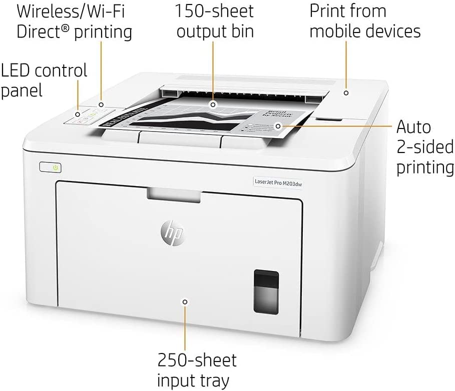 HP Laserjet Pro M203dw Single-Function Wireless Monochrome Laser Printer for Home Office, White - Print Only - 30 ppm, 1200 x 1200 dpi, 8.5 x 14, Auto Duplex Printing, Ethernet, Cbmou Printer Cable