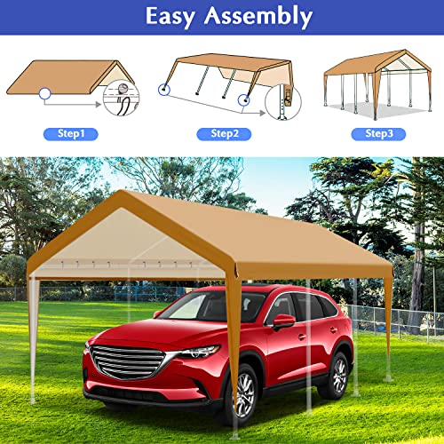 MARVOWARE 10x20 Car Canopy Replacement Carport Tarp Cover with Fabric Pole Skirts Ball Bungees for Tent Top Garage Boat Shelter(Only Tarp Cover) Brown