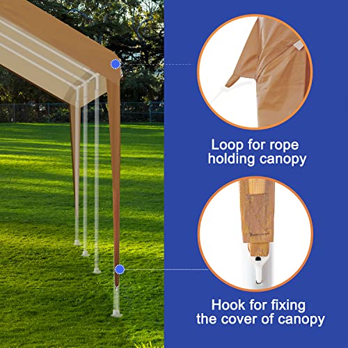 MARVOWARE 10x20 Car Canopy Replacement Carport Tarp Cover with Fabric Pole Skirts Ball Bungees for Tent Top Garage Boat Shelter(Only Tarp Cover) Brown