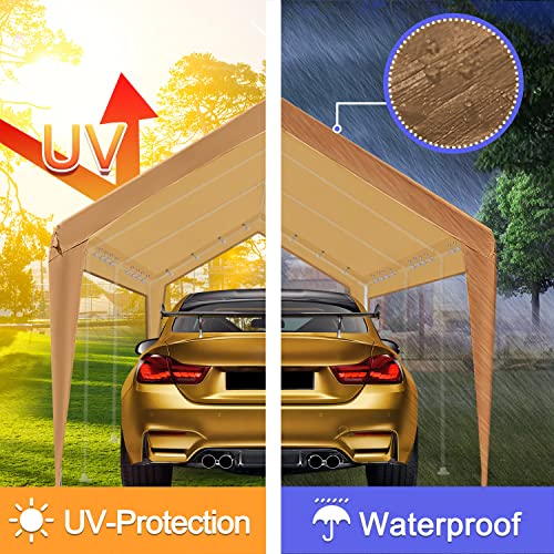 MARVOWARE 10x20 Car Canopy Replacement Carport Tarp Cover with Fabric Pole Skirts Ball Bungees for Tent Top Garage Boat Shelter(Only Tarp Cover) Brown