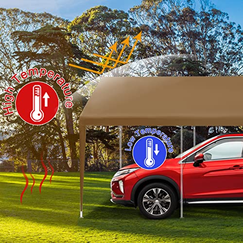 MARVOWARE 10x20 Car Canopy Replacement Carport Tarp Cover with Fabric Pole Skirts Ball Bungees for Tent Top Garage Boat Shelter(Only Tarp Cover) Brown