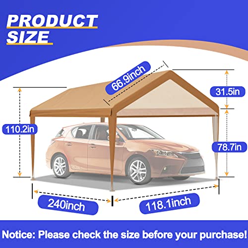 MARVOWARE 10x20 Car Canopy Replacement Carport Tarp Cover with Fabric Pole Skirts Ball Bungees for Tent Top Garage Boat Shelter(Only Tarp Cover) Brown