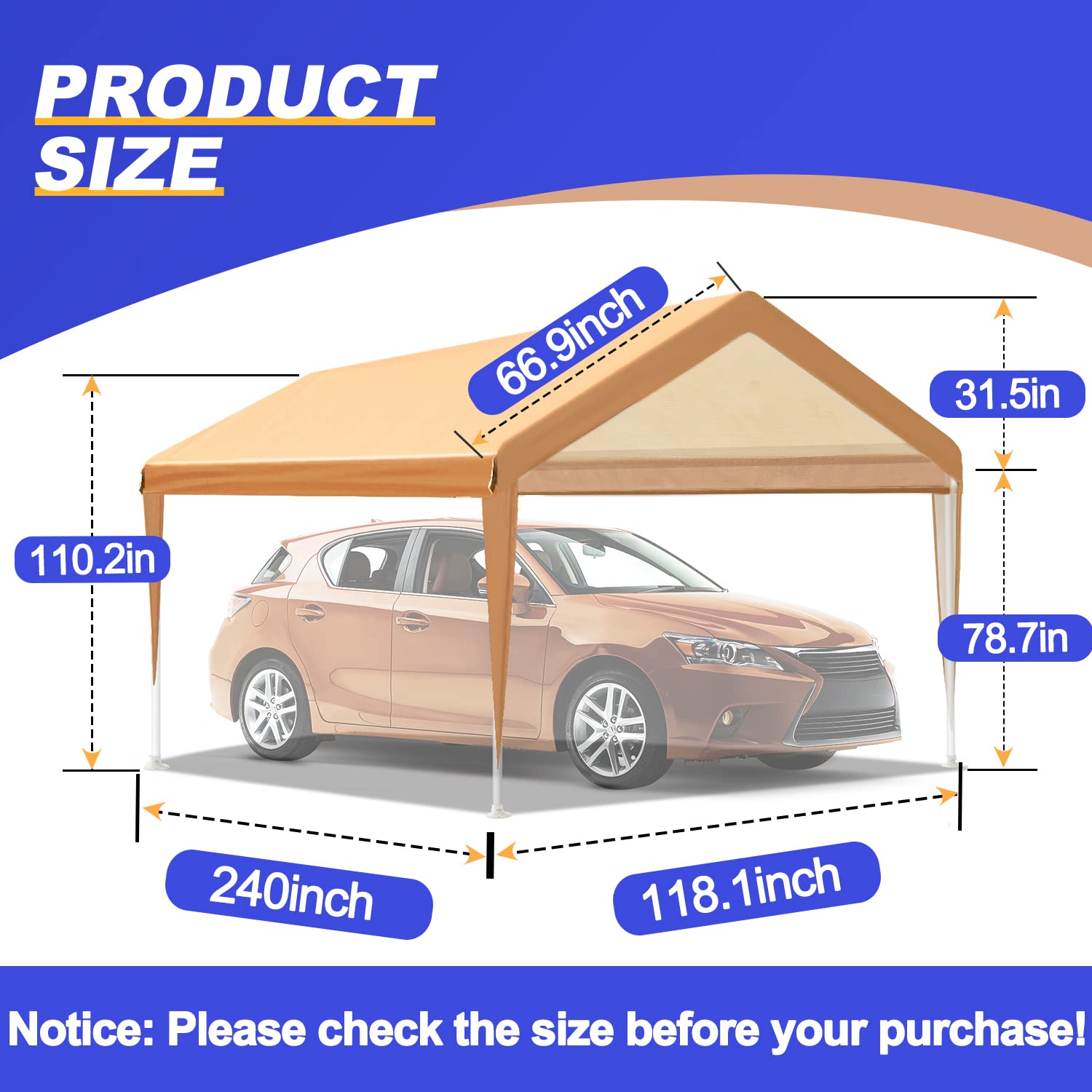 MARVOWARE 10x20 Car Canopy Replacement Carport Tarp Cover with Fabric Pole Skirts Ball Bungees for Tent Top Garage Boat Shelter(Only Tarp Cover) Orange