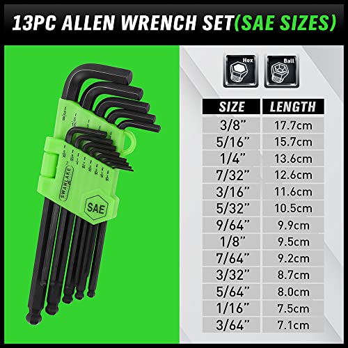 SWANLAKE 27PCS Allen Wrench Set, Hex Key Set Long Arm Ball End Hex Wrench Set, Inch/Metric T Handle Allen Wrench Set
