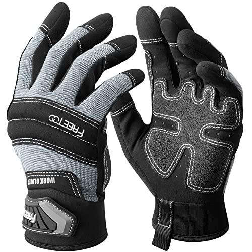 FREETOO Large Mechanic Work Gloves, Gray-Black, Unisex, 180-Day Warranty