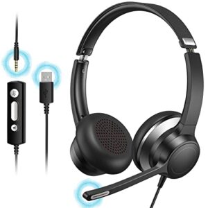 klylop usb headset, headset with mic noise reduction & in-line control, 3.5mm/usb wired headphones, stereo pc headset with mute, headset with microphone for pc zoom skype webinar home office