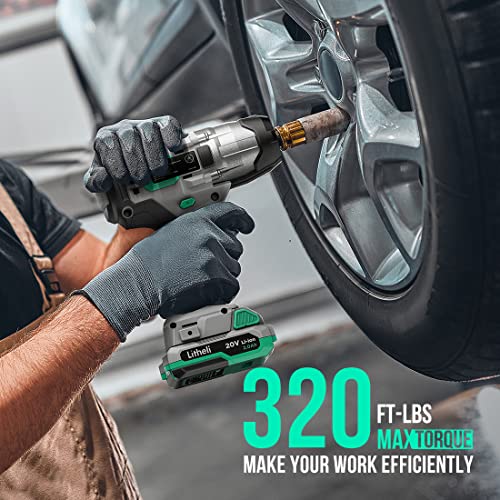 Litheli Impact Wrench Cordless, 1/2 inch Power Impact Driver with 320 ft-lbs(430N.m) Max Torque, 20V Impact Gun Kit with 2.0Ah Li-ion Battery ＆ Fast Charger for Car Home
