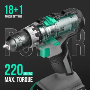 Litheli Cordless Drill Set, 20V Max Power Drill Cordless Set, 3/8” Keyless Chuck, 18+1 Torque Settings, Variable Speed, w/ 2.0 Ah Battery and 1 Hour Fast Charger Included