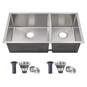 rovogo 33x19x9 in. undermount 60/40 double bowl kitchen sink, stainless steel sink deep handmade 2 offset basin with basket strainer, brushed